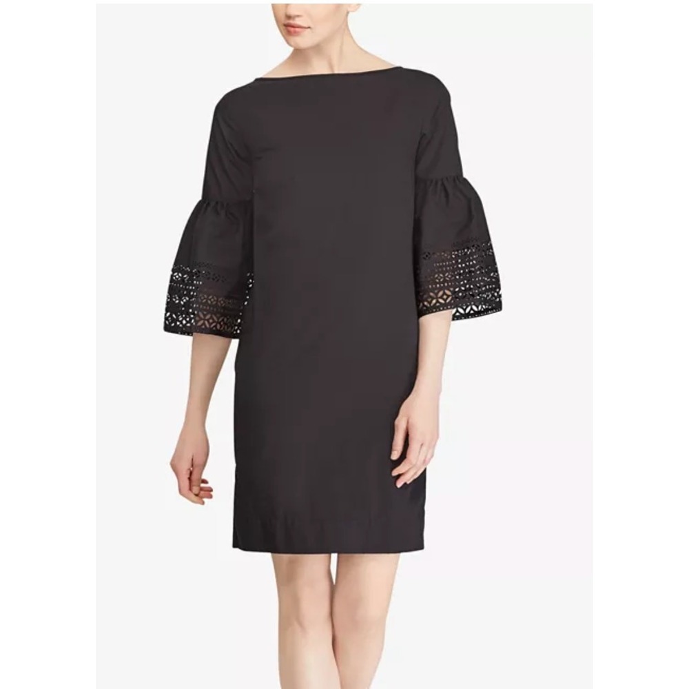 Lauren Ralph Lauren Dress Women 4 Black Eyelet‎ Bell Sleeve Shift Minimalist